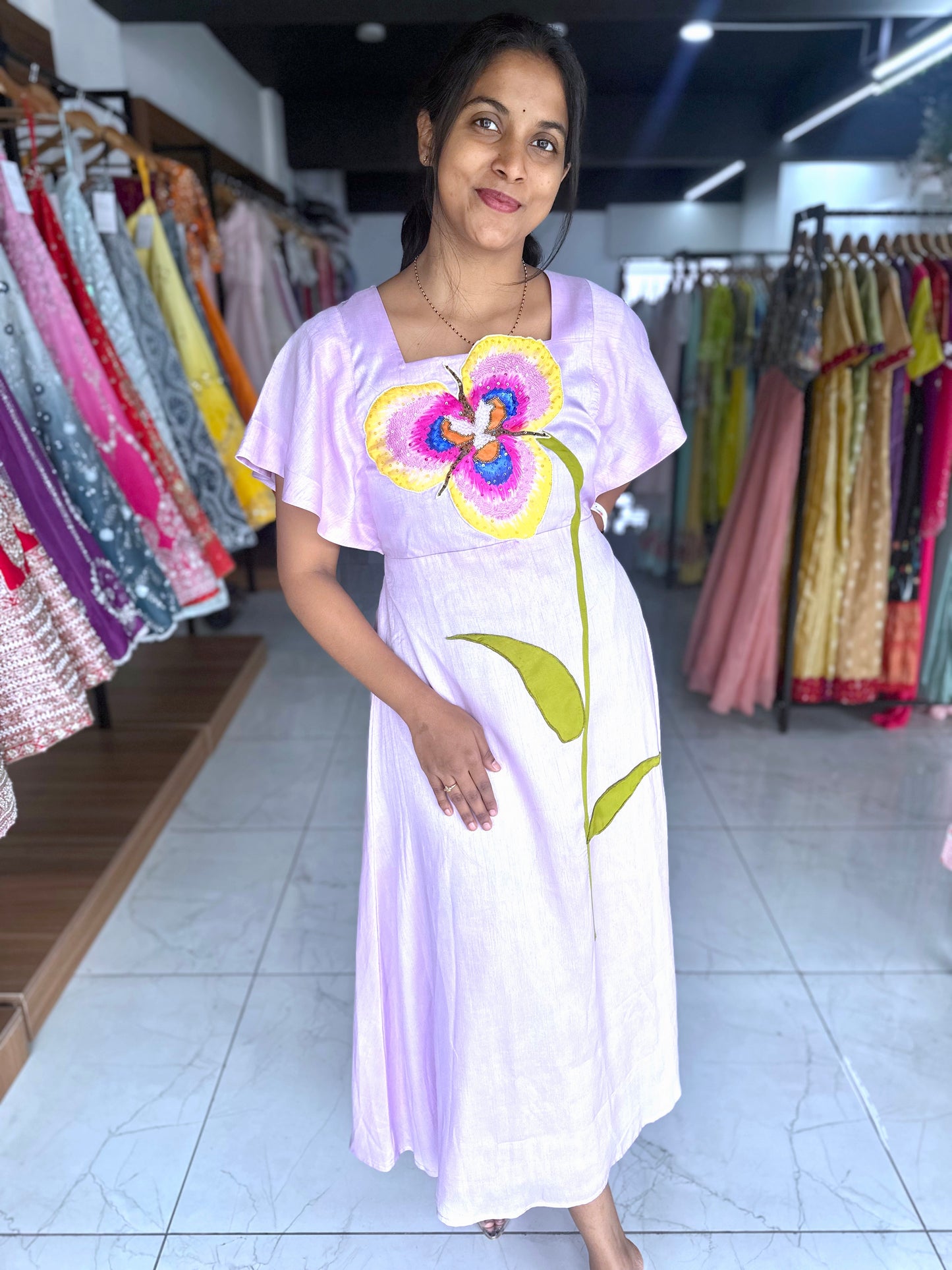 Ruffle sleeves frock with hand embroidery