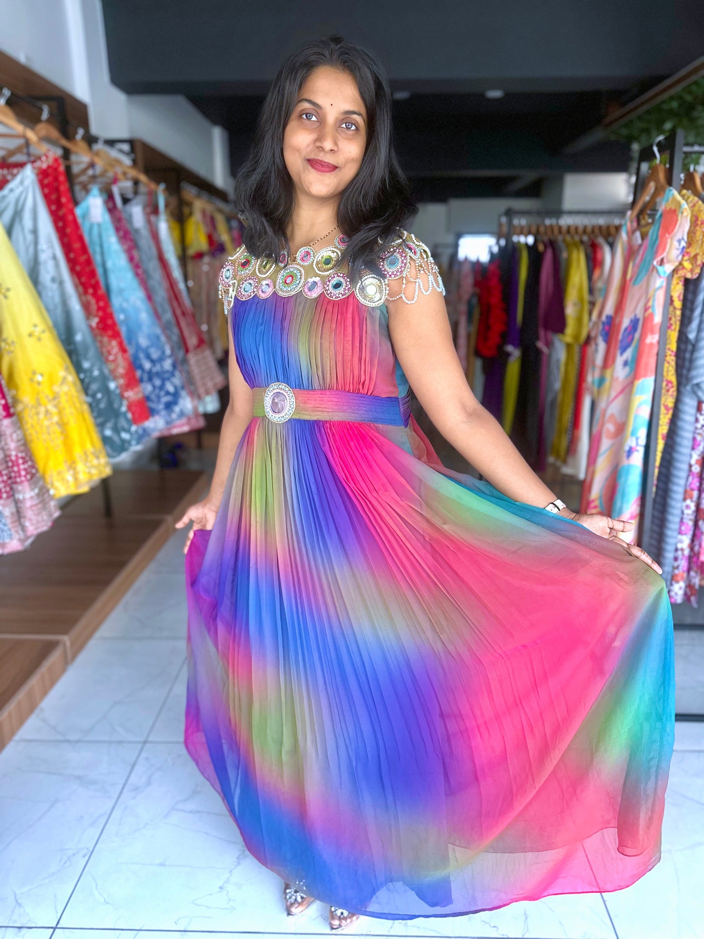 Multi colour frock with mirror work
