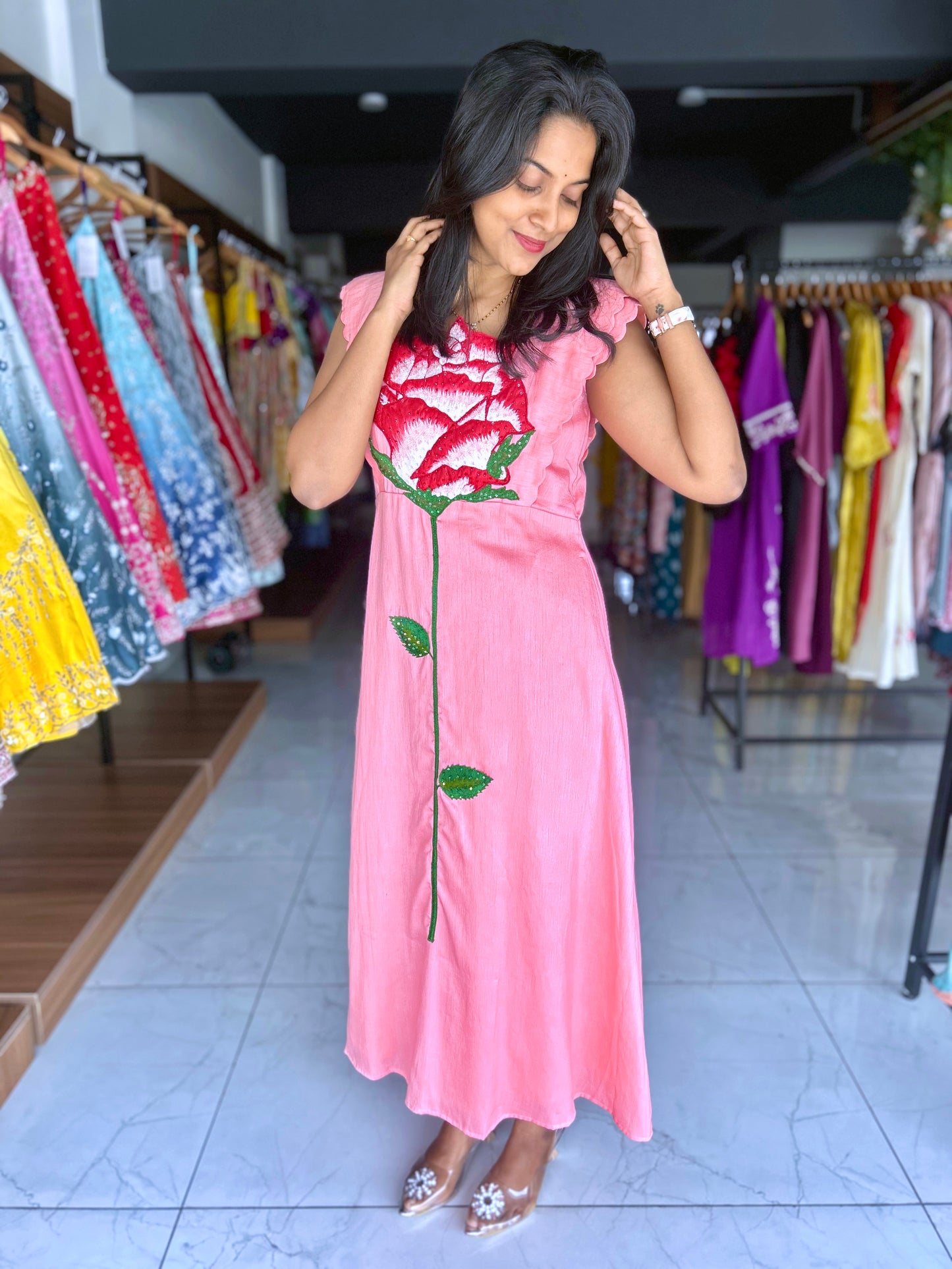 Peach Rose - HandPainted Fioral Frock