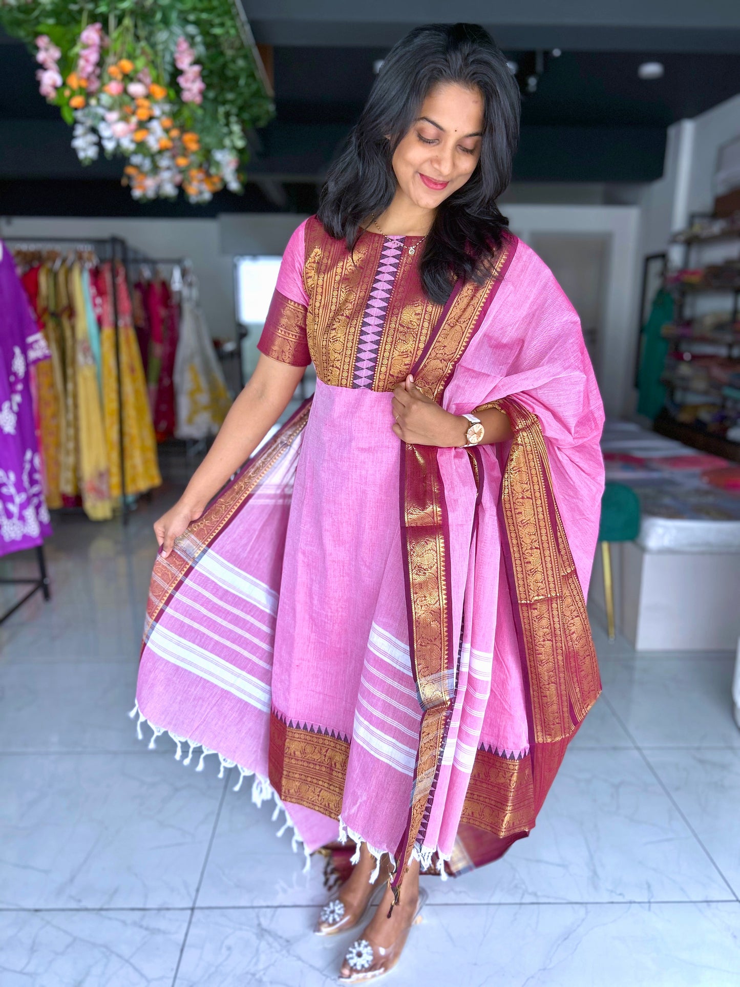 kanchi cotton Frock with border and dupatta