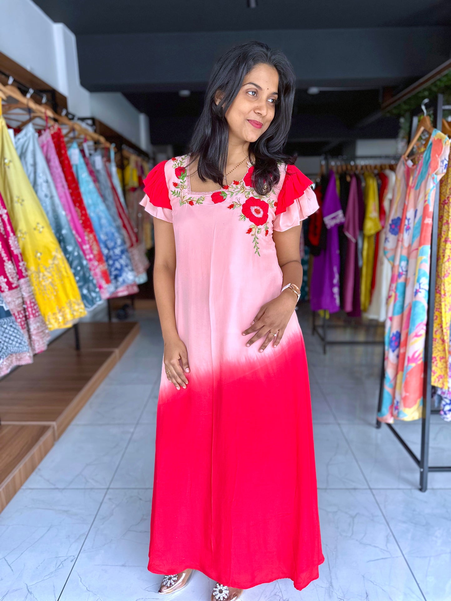 Dual shade embroidery frock with two layered ruuffle sleeves