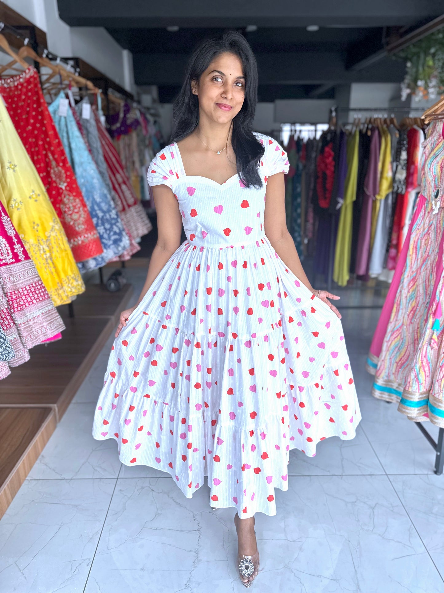 Ivory cotton with red sweet hearts frock