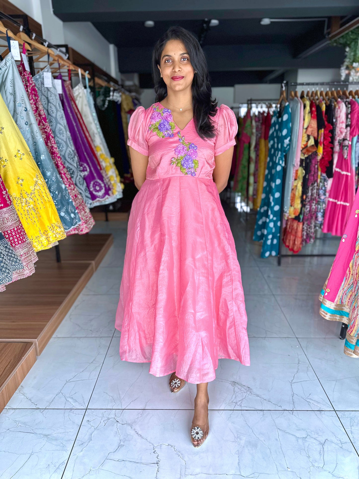 Tissue frock puff sleeves with hand emdroidery