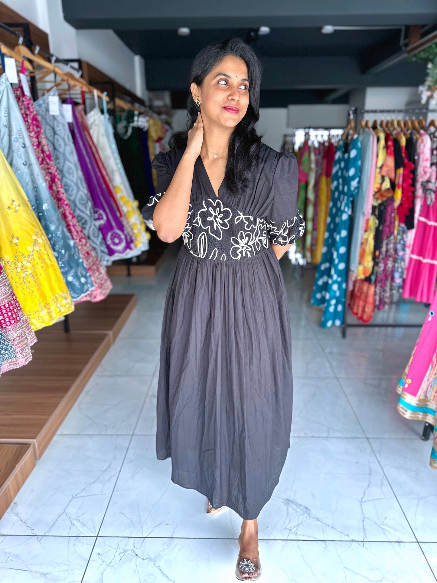 Black cotton frock with sleek thread work detailing