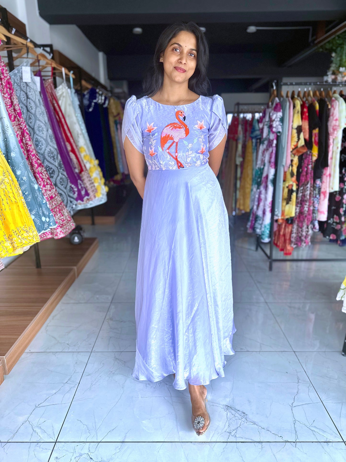 Blue glass tissue frock with hand embroidery