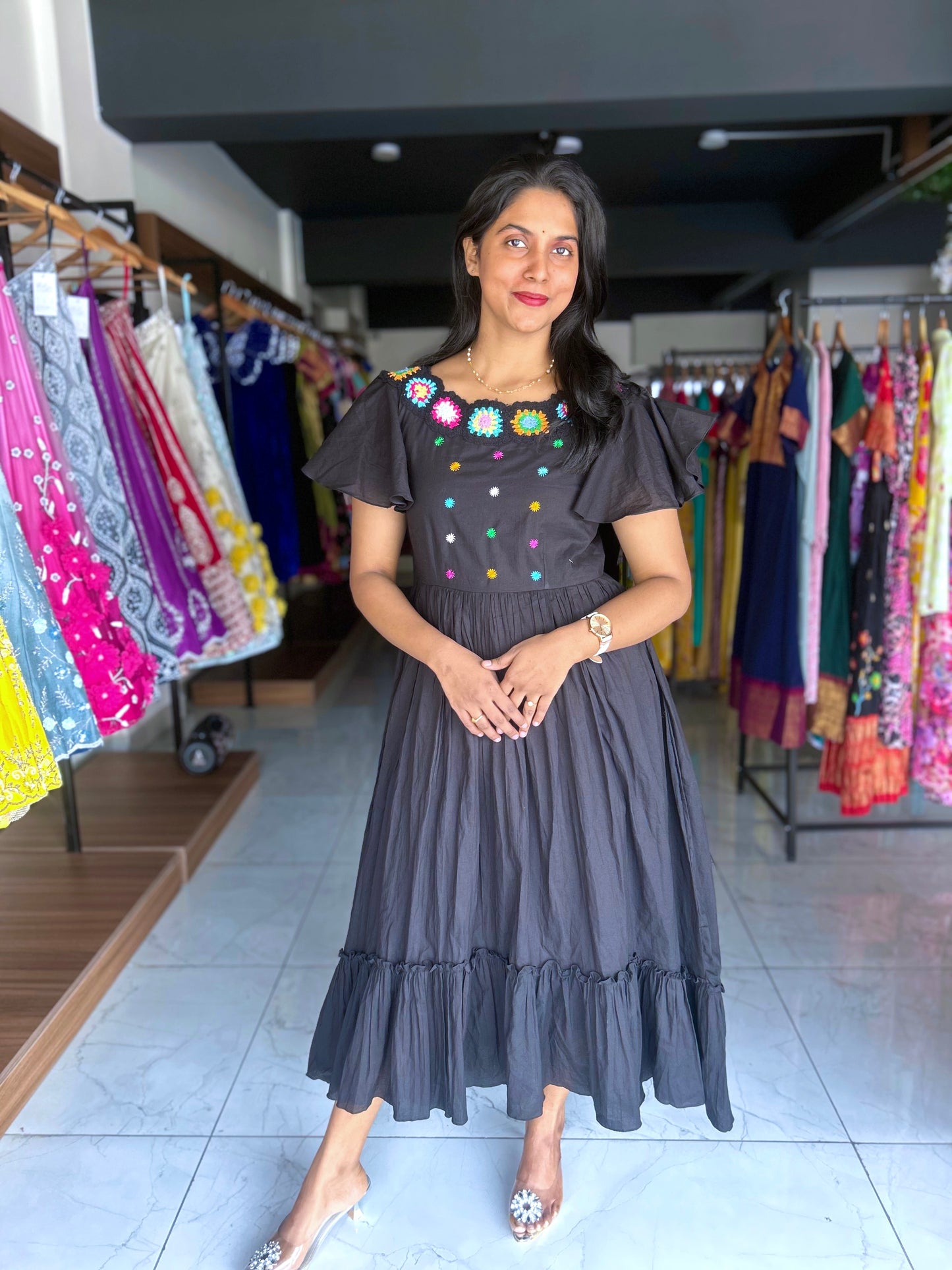 Black cotton frock with ruffles sleeves