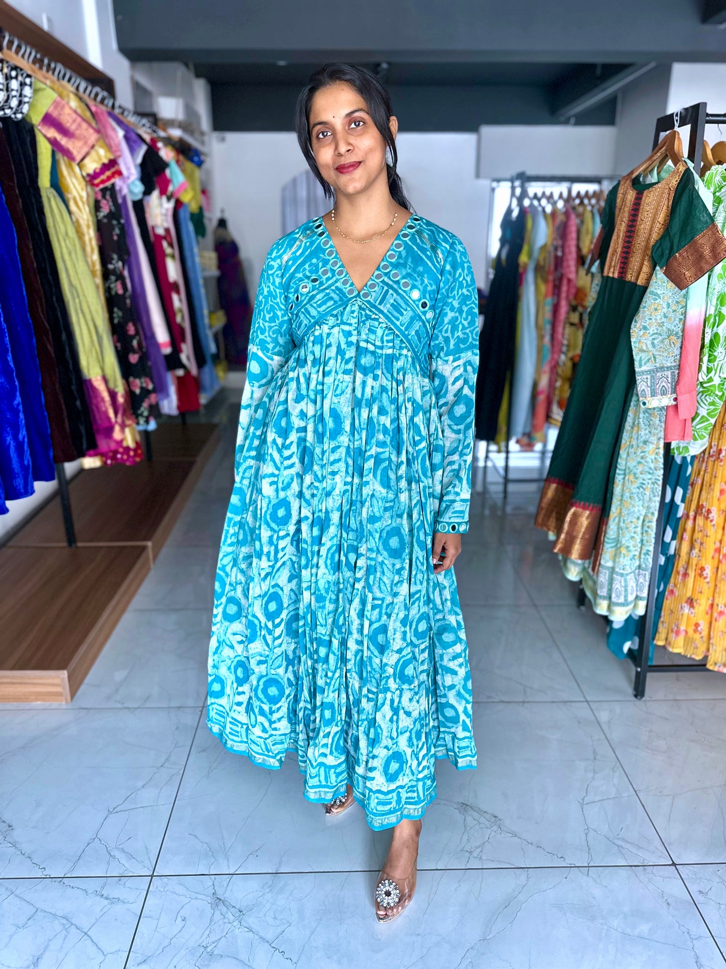 Blue Chanderi frock full sleeves with mirror work