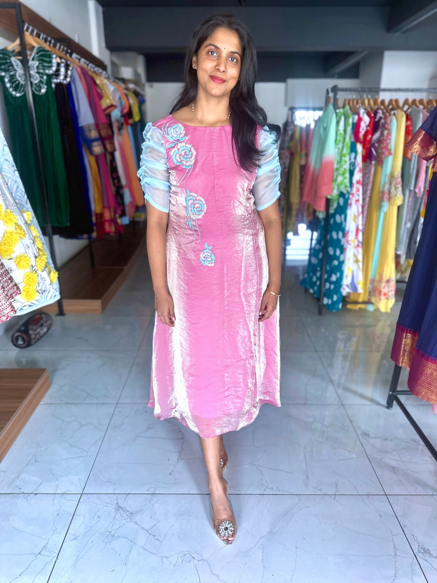 Pink glass tissue Frock with hand embroidery