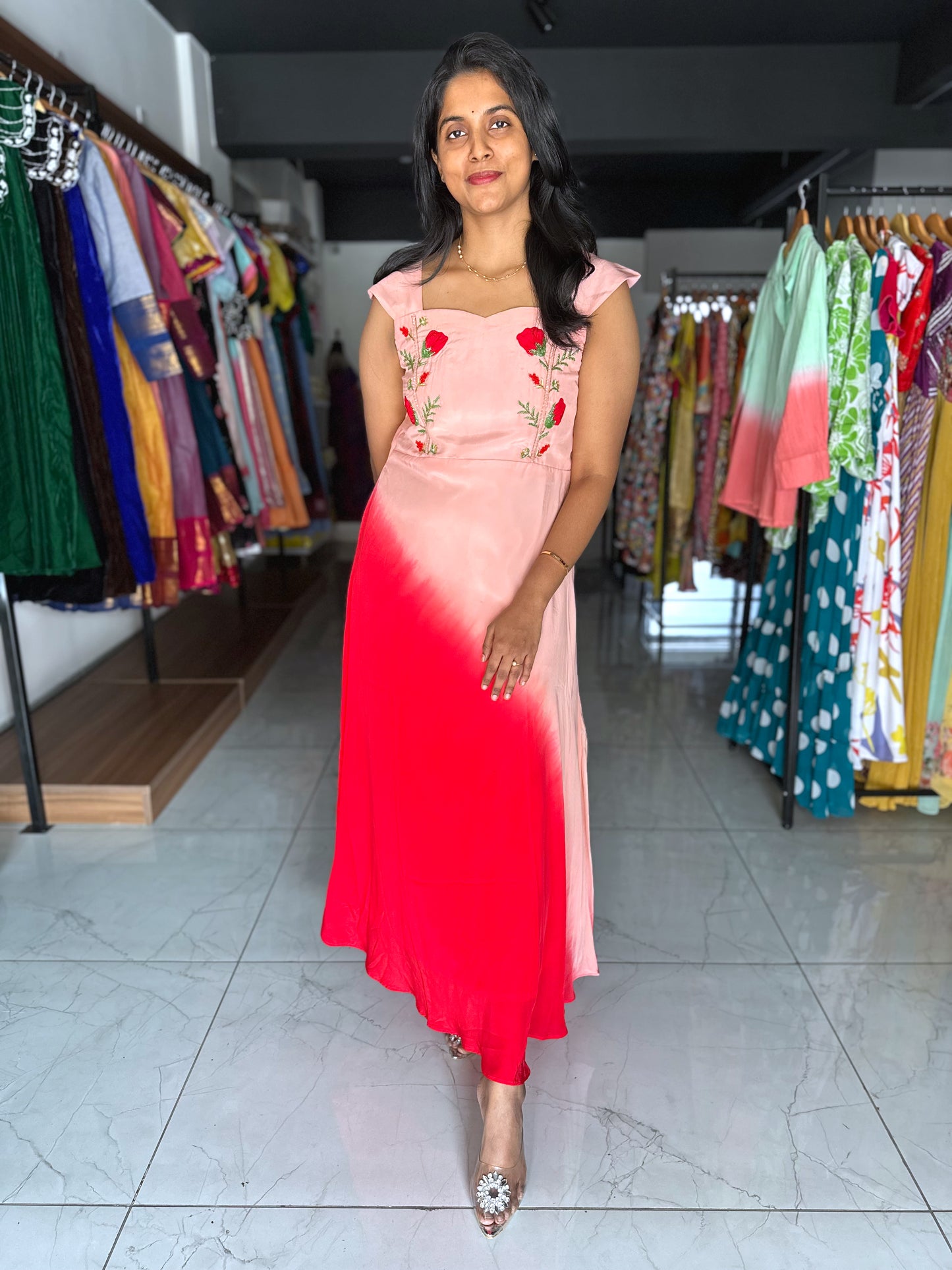 Dual shade with red embroidery frock