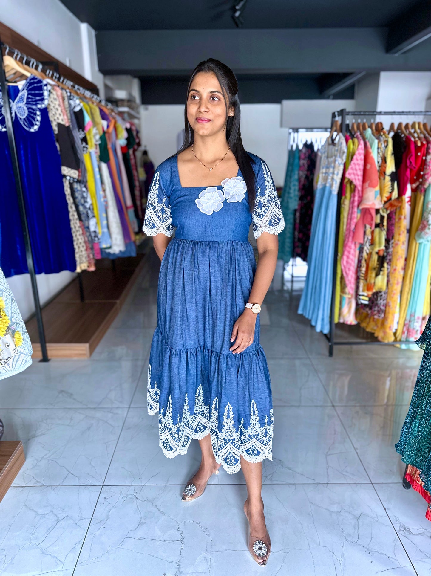 Denim casual frock with applique work