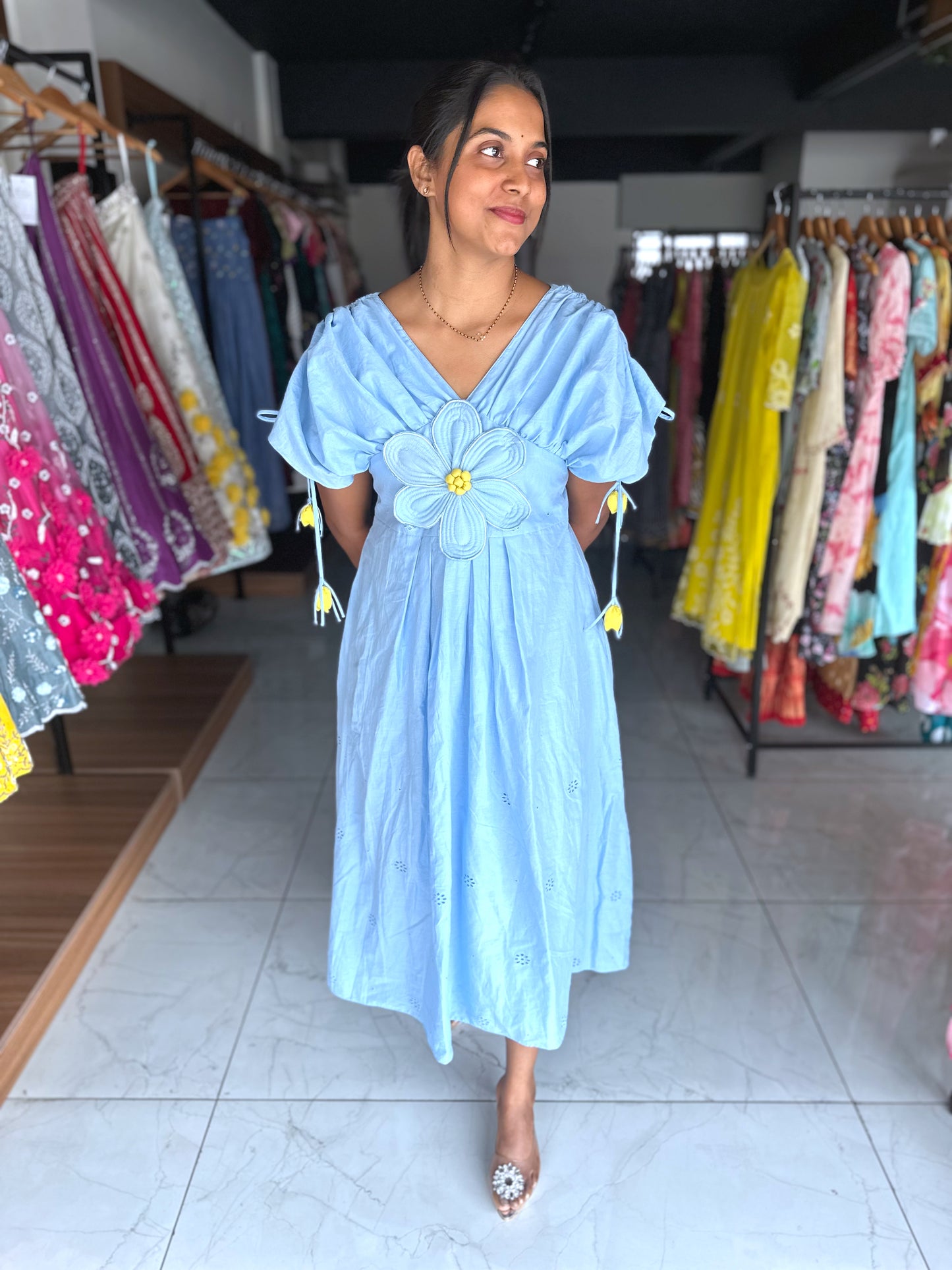 Ice blue cotton frock with aplique work detailing