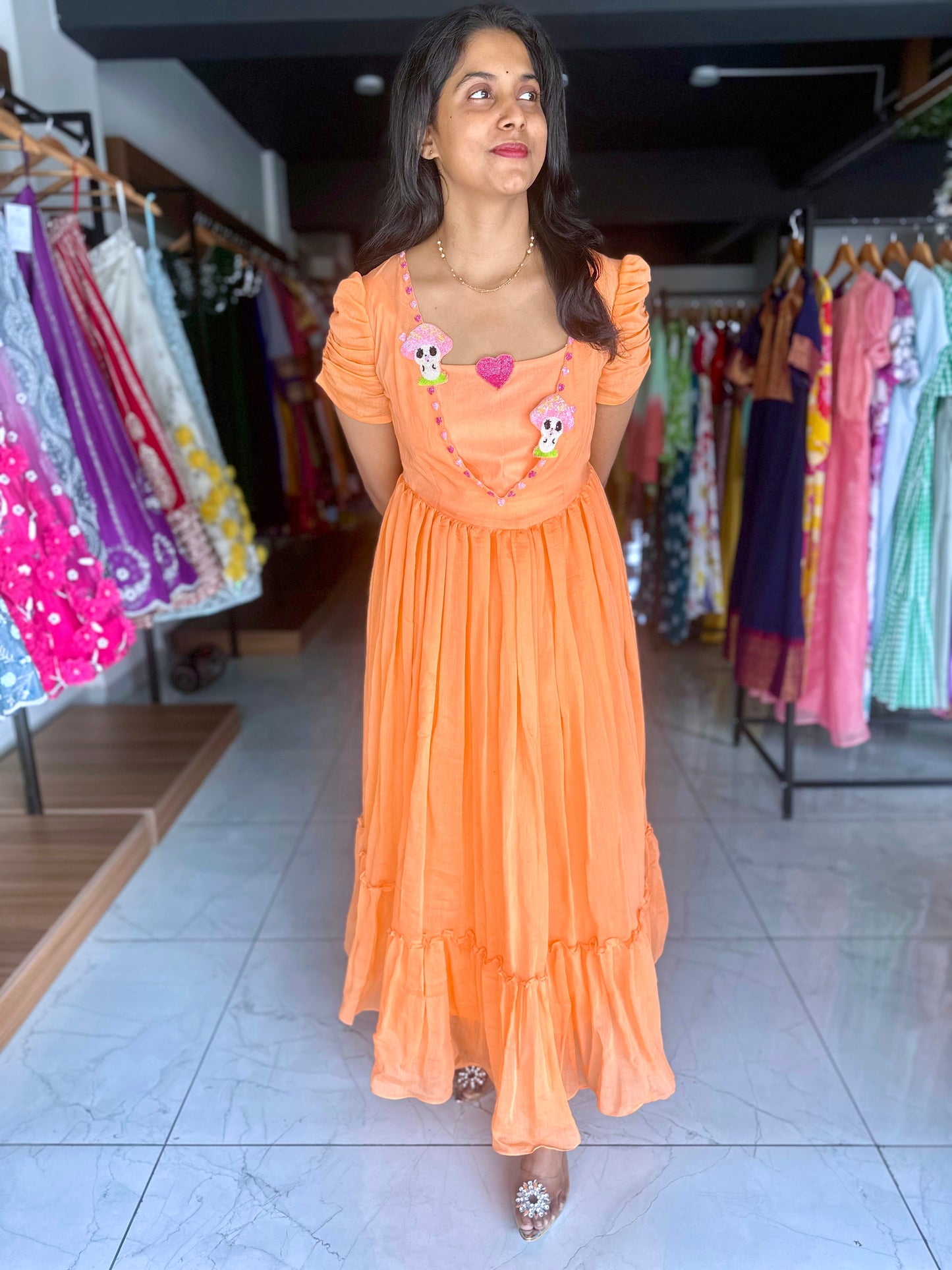 Orange mul-mul chanderi Frock with cute mushroom motifs