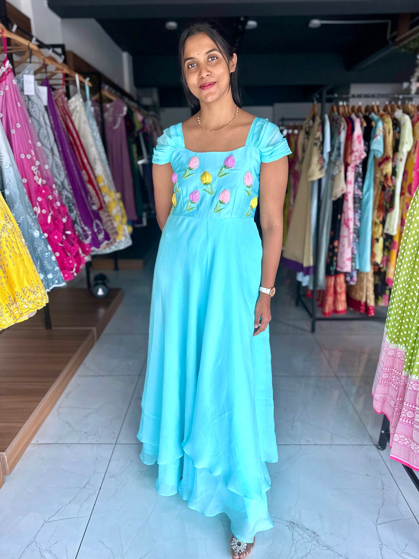 Organza with multi tulips hand embroidery frock