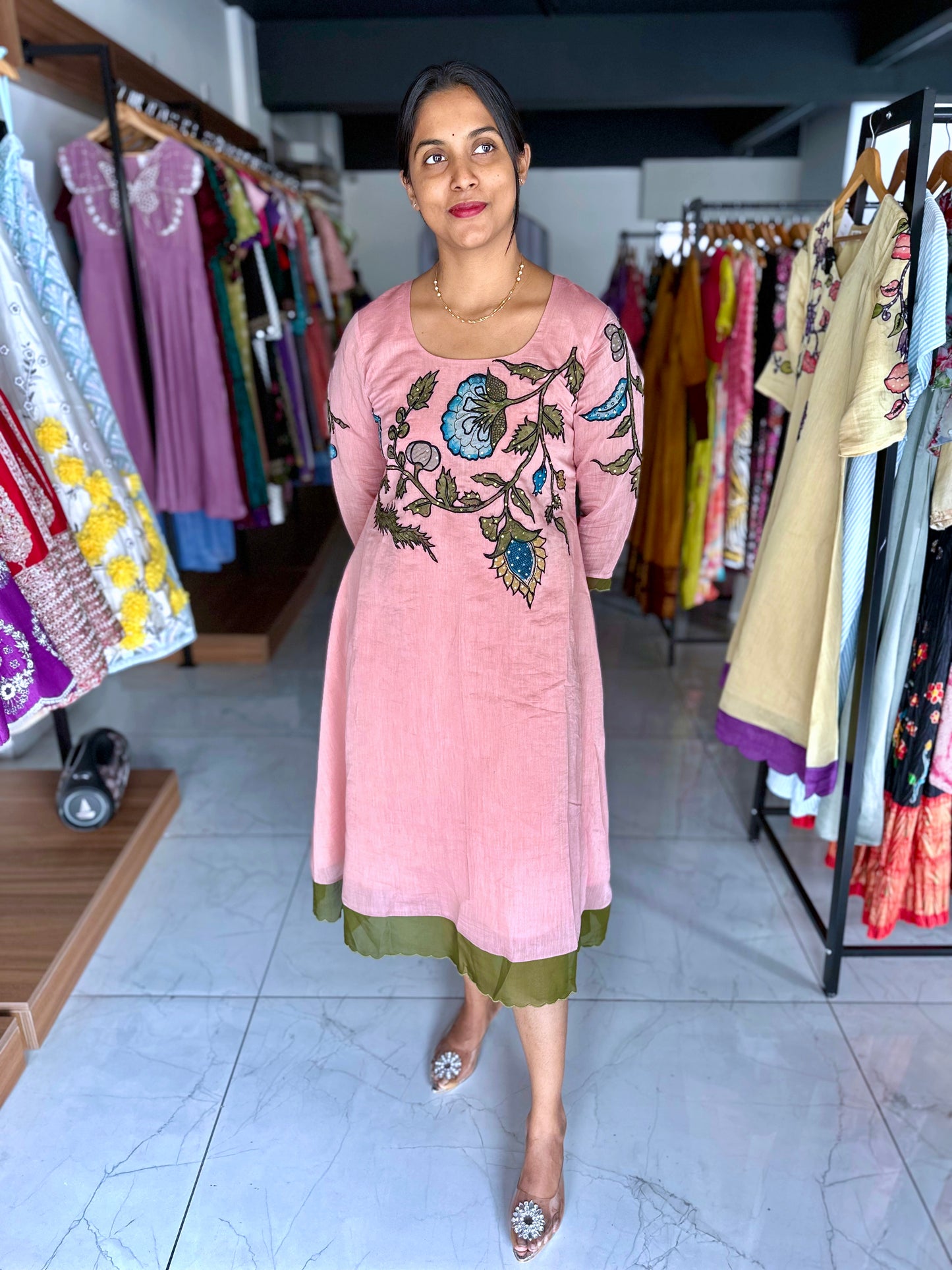Mul mul chanderi frock with pure pen kalamkari applique work