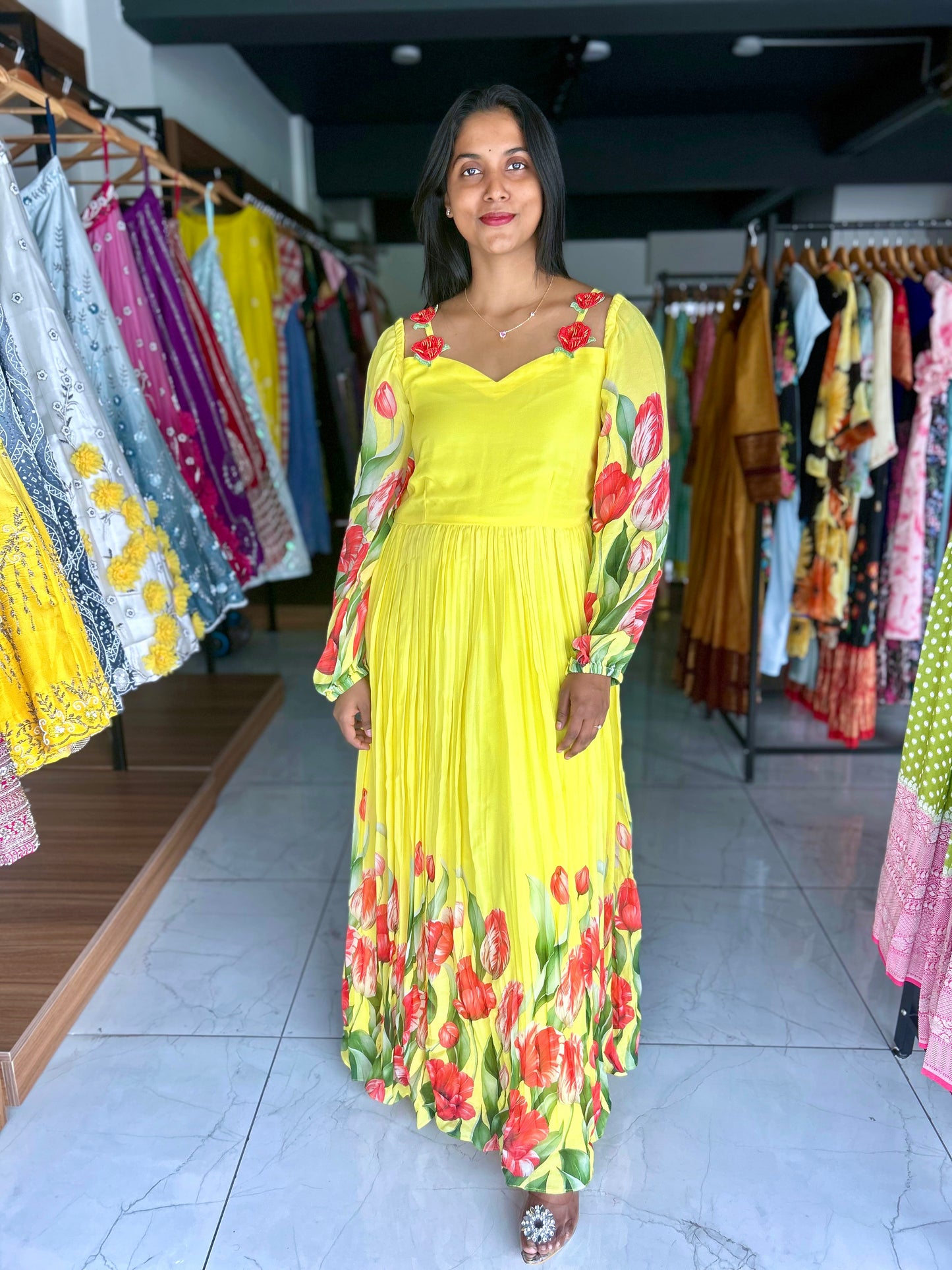 Yellow georgette long frock with red floral print