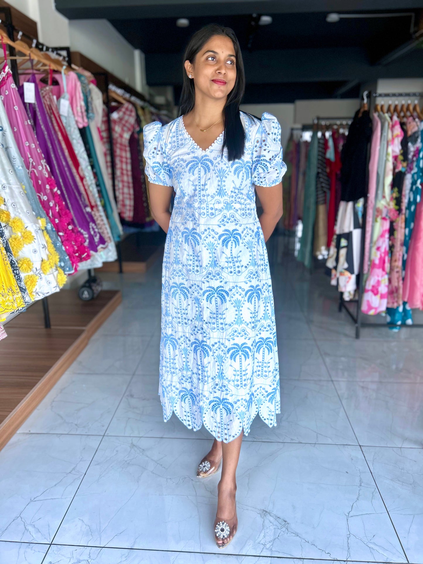 Cotton white and blue print frock