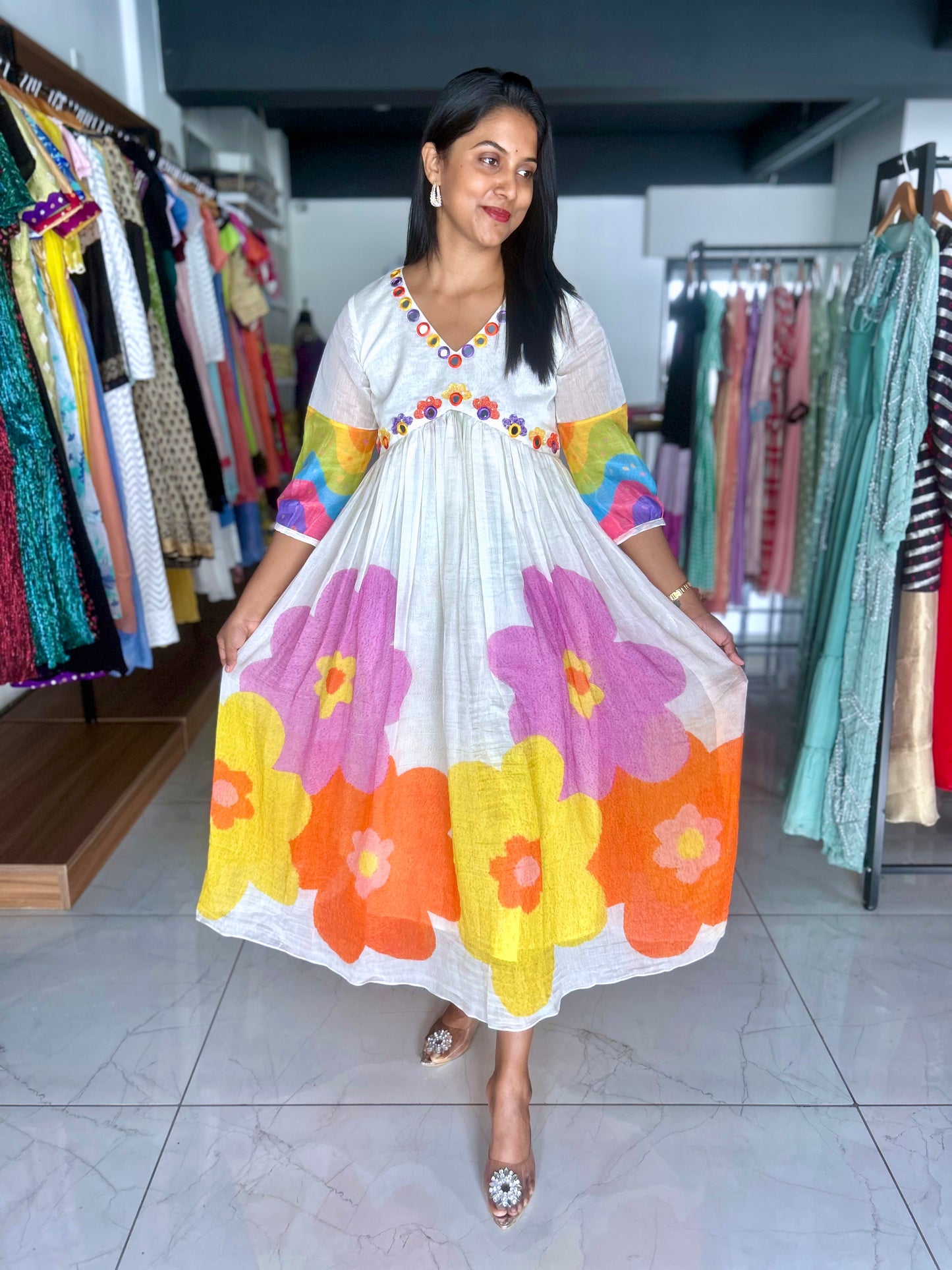 Ivory Mirror work shine with floral charm-frock
