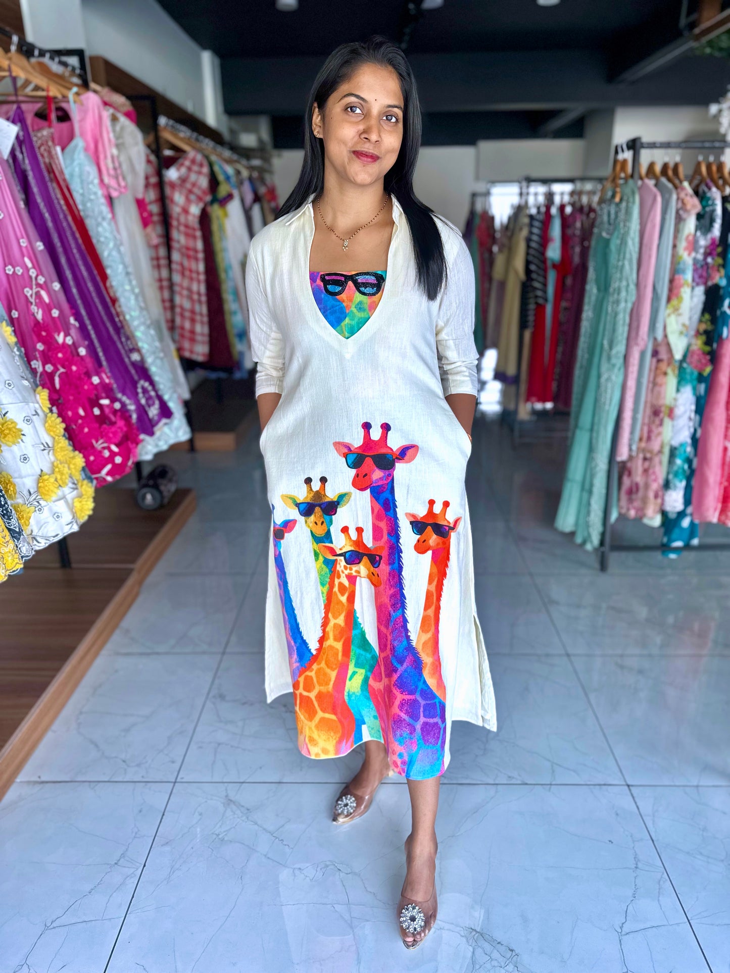 Ivory linen frock with colourful giraffe motif and side pockets
