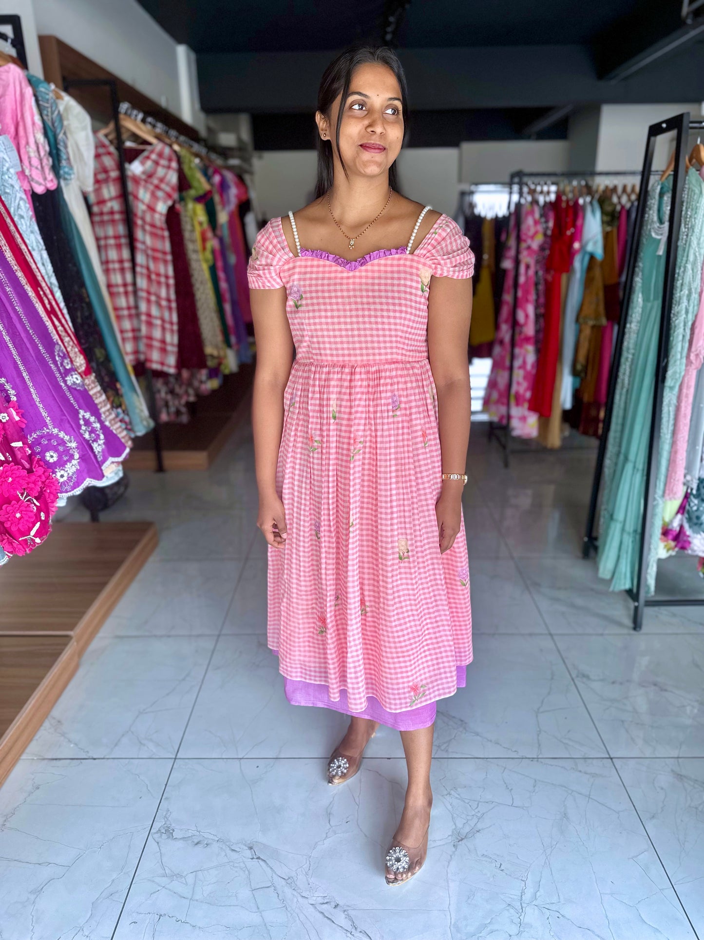 Pearl Strap Pink Gingham Casual Wear