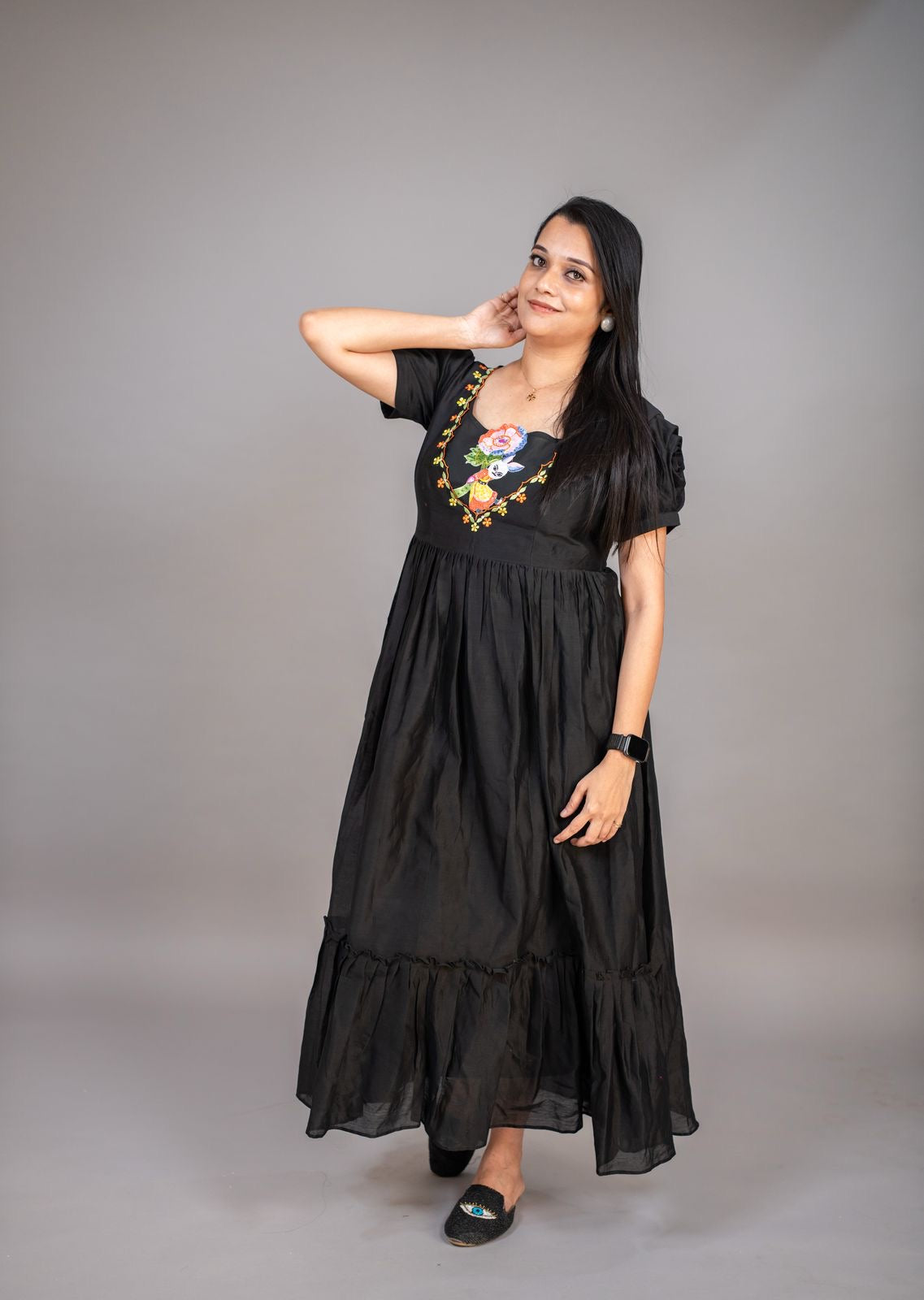 Black mul cotton Frock with hand embroidery