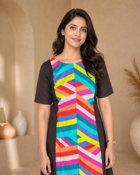 Black Multi Stripes A Line Top