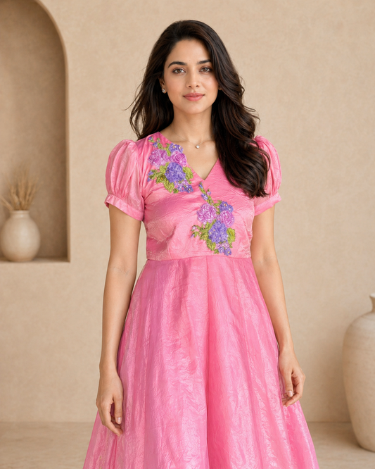 Tissue frock puff sleeves with hand emdroidery