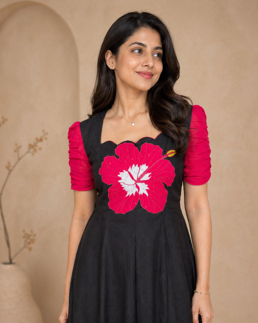 Black frock with bold red hibiscus hand painted motif