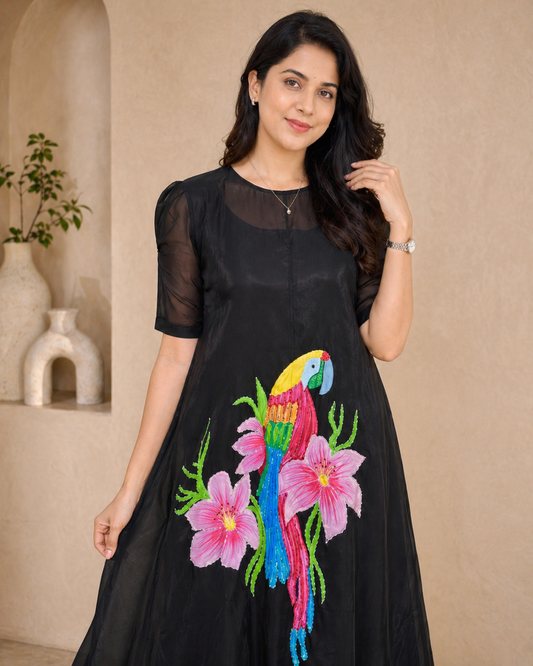 Black organza frock with detachable satin lining and hand painted design