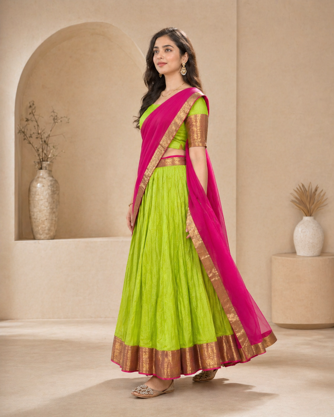 Parrot green kanchi border lehanga with pink dupatta