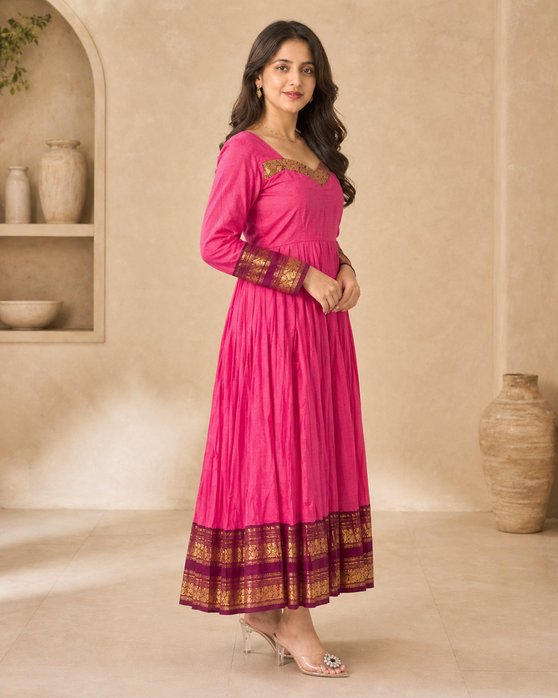 Pink cotton frock with kanchi border