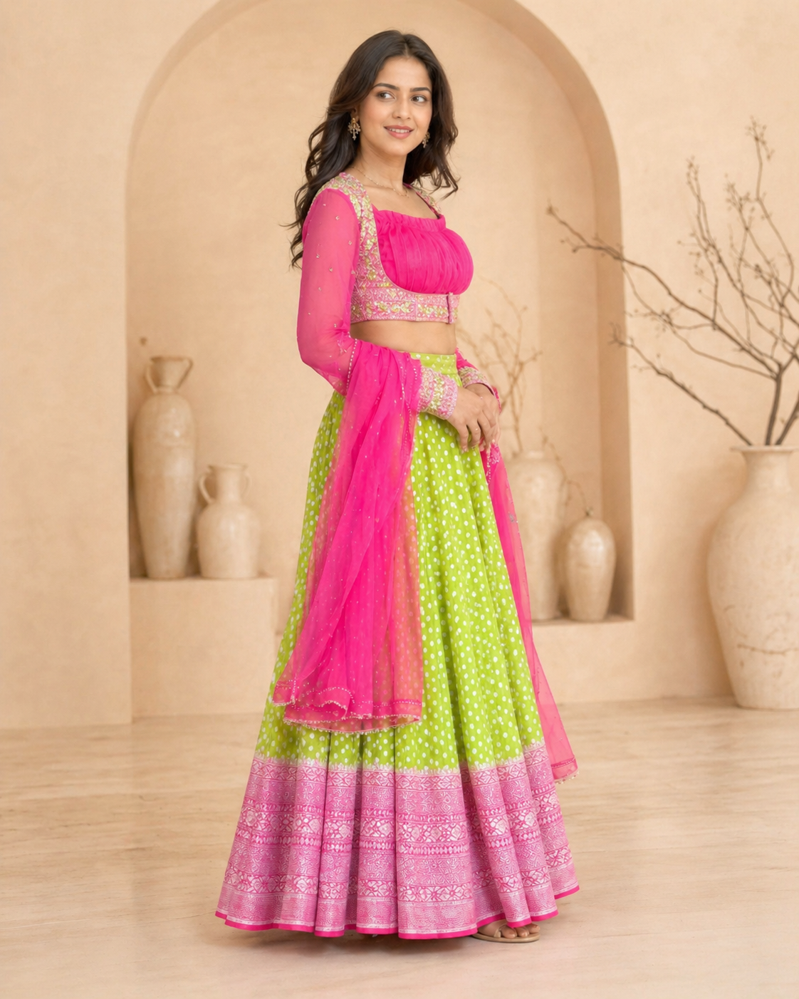 Banaras green lehanga with pink full sleeves and dupatta