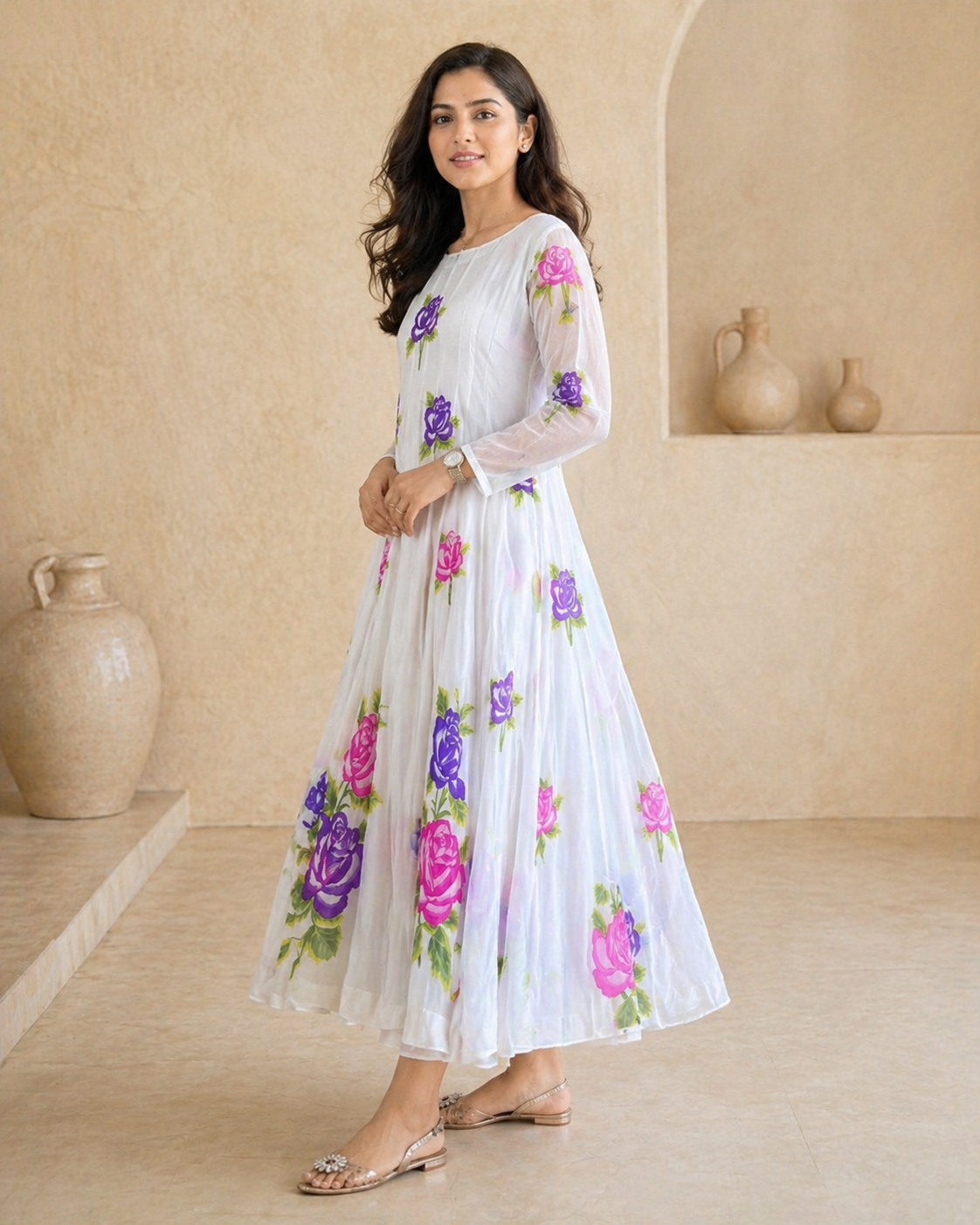 Ivory Hand painted floral frock with full sleeves