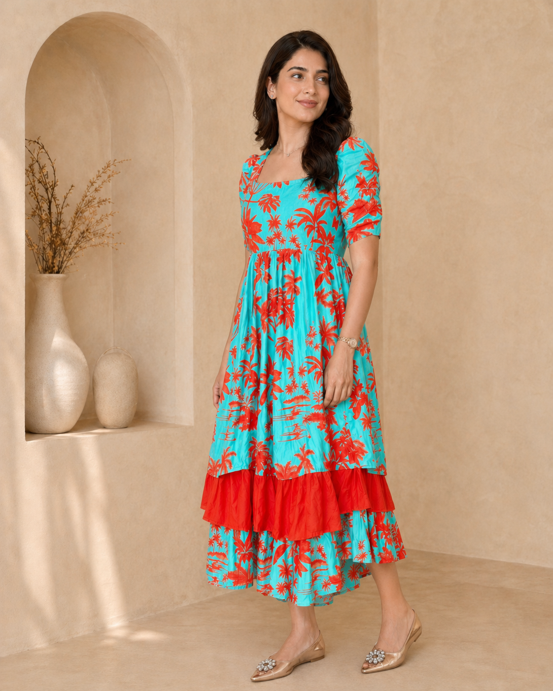 Green cotton frock with elbow sleeves