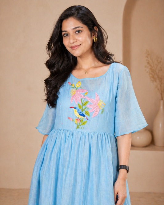 Blue mul mul chanderi frock with hand embroidery