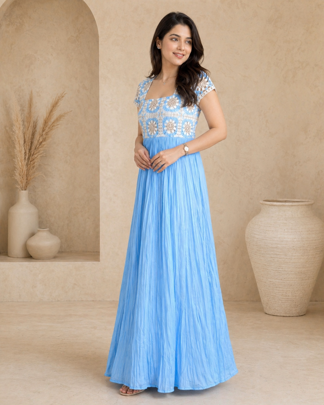 Blue raw sil frock with crochet yoke