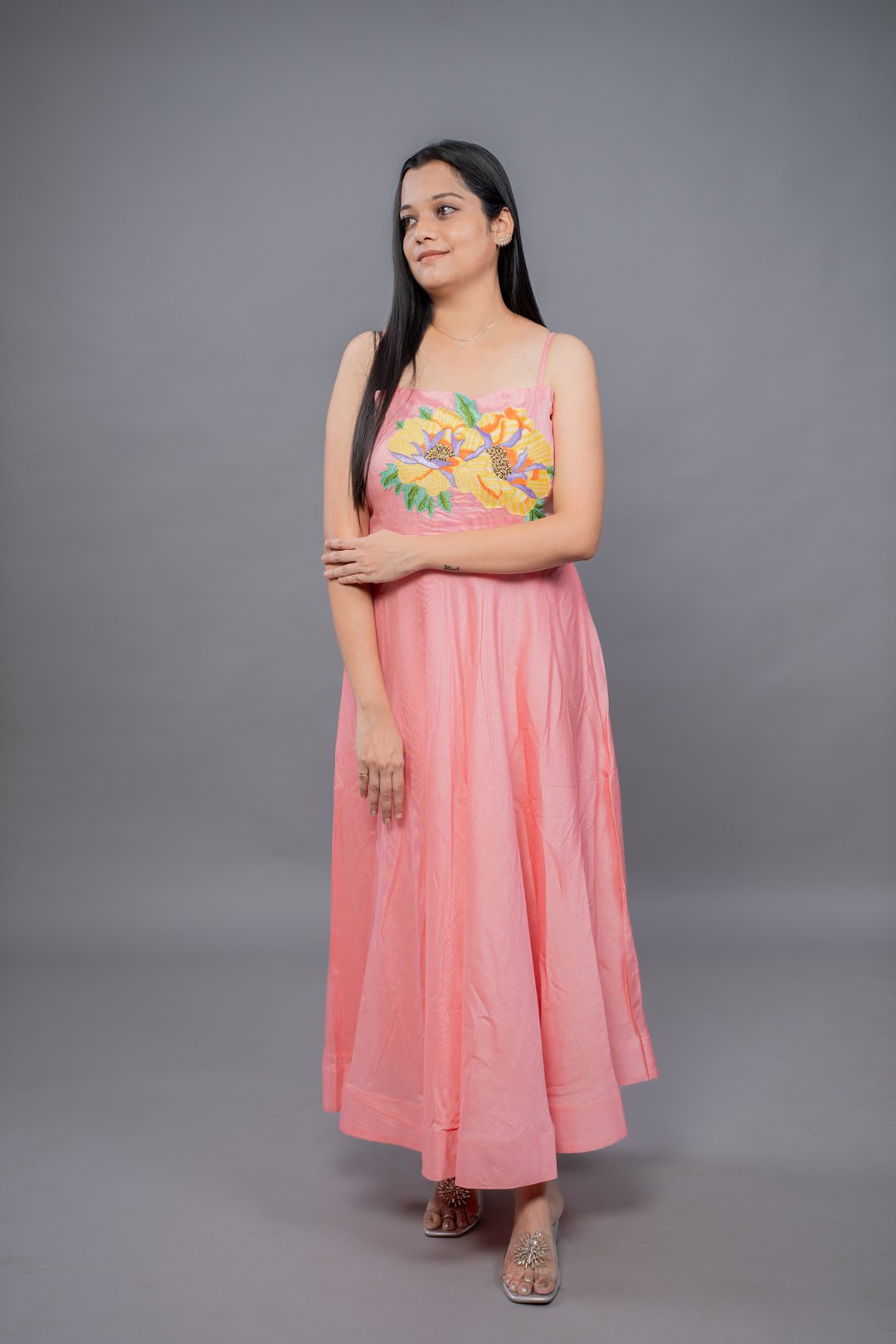 Floral raw silk Frock with hand embroidery