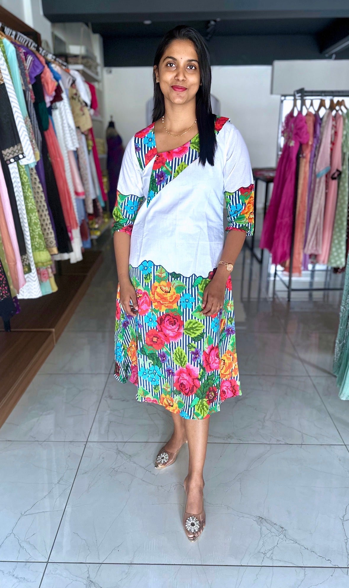 White frock with colourful stripes