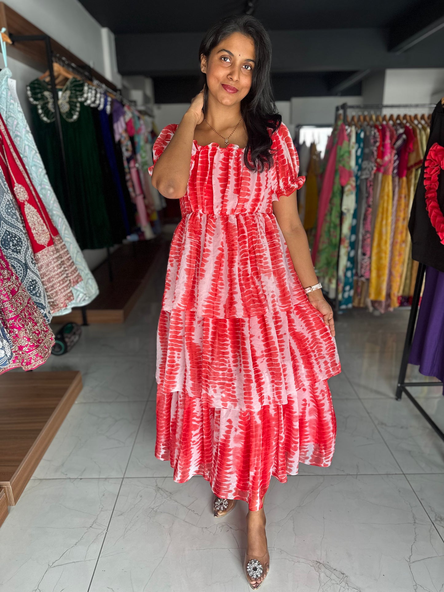 Red georgette frock with puff sleeves