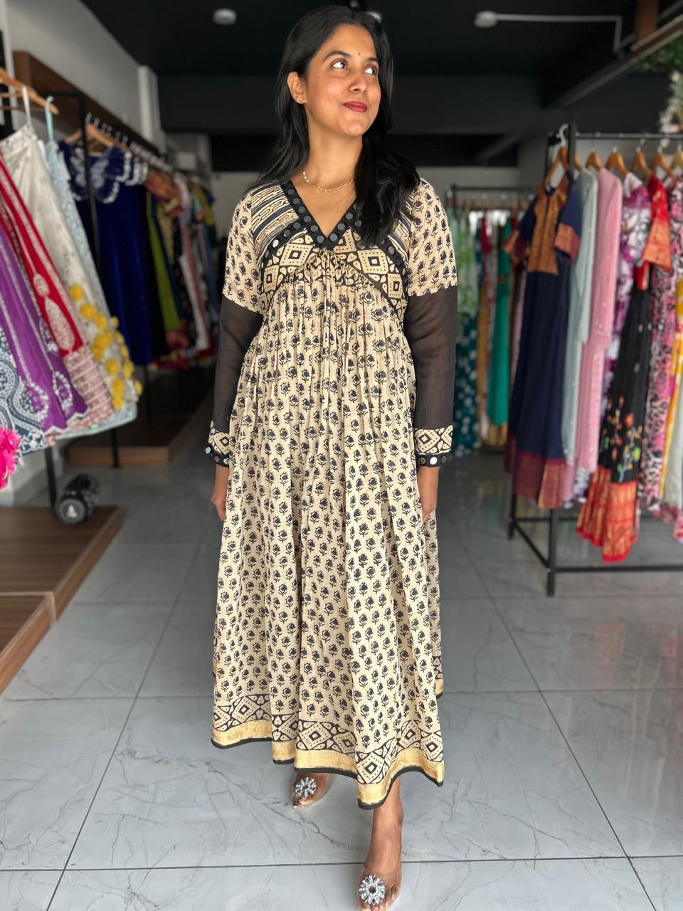 Black chanderi full sleeves frock with mirror work on collar