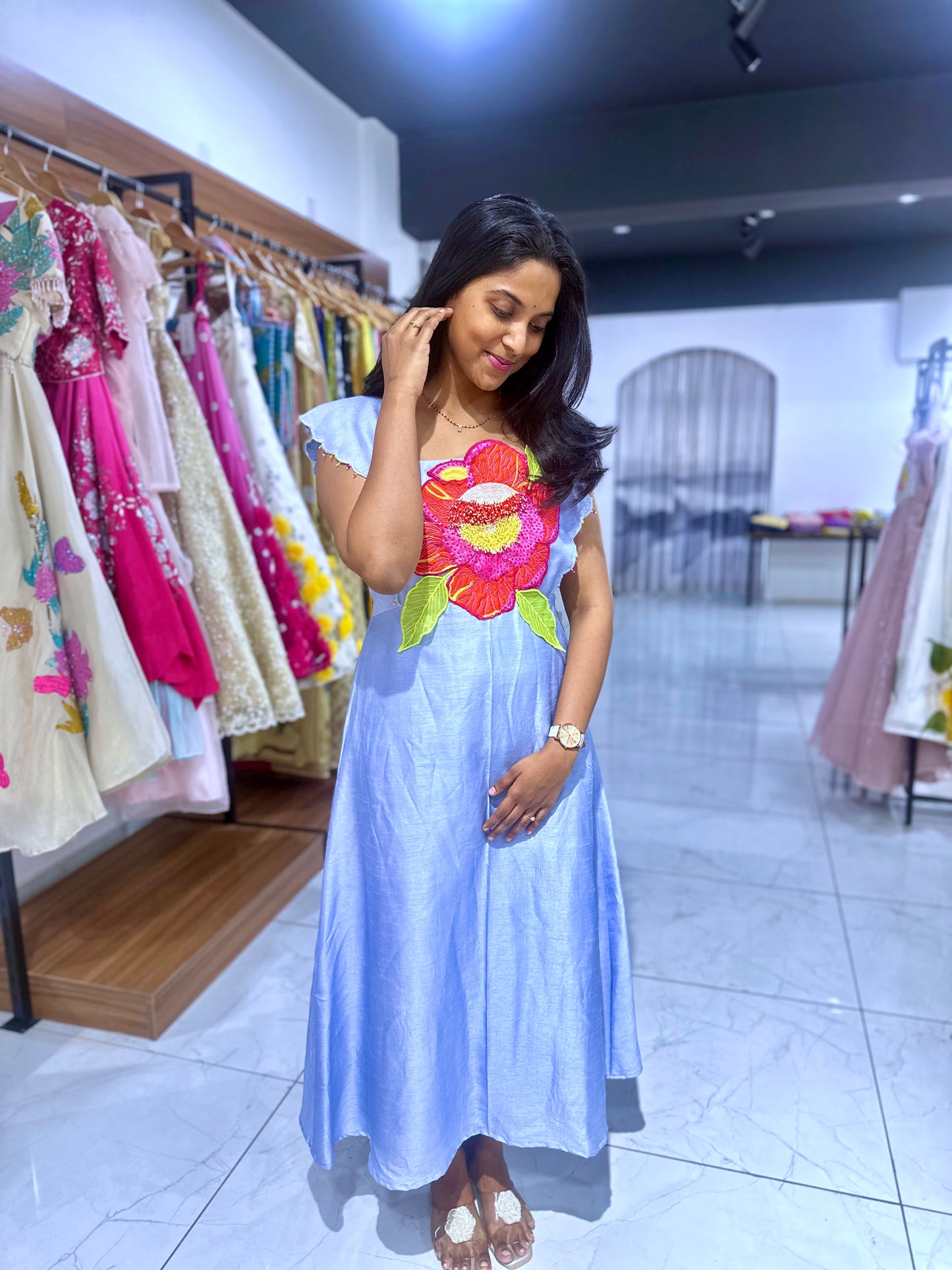 Floral rawsilk frock with hand embroidery