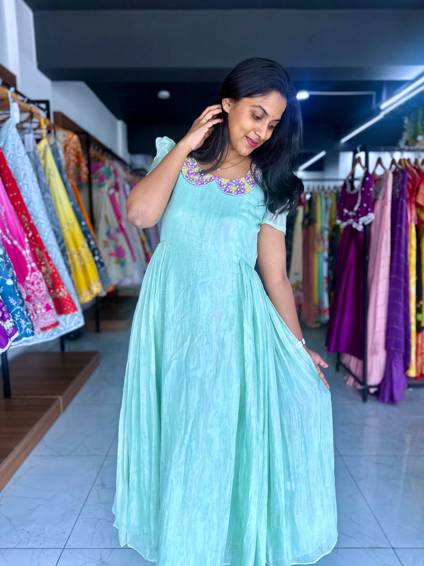 Mint green frock with hand embroidery