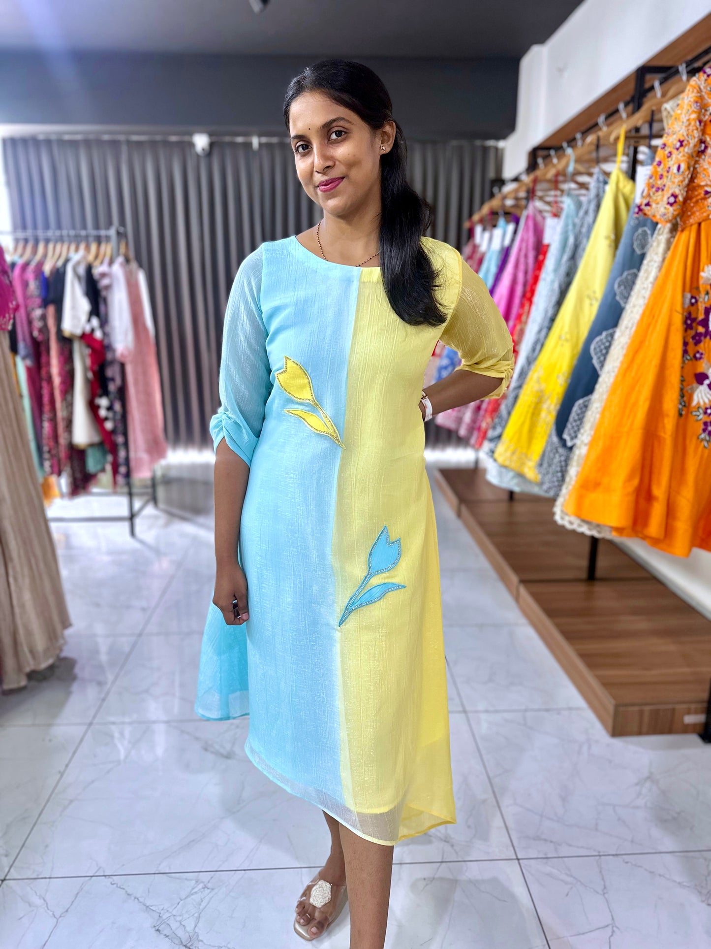 Dual colour glass tissue frock with applique work