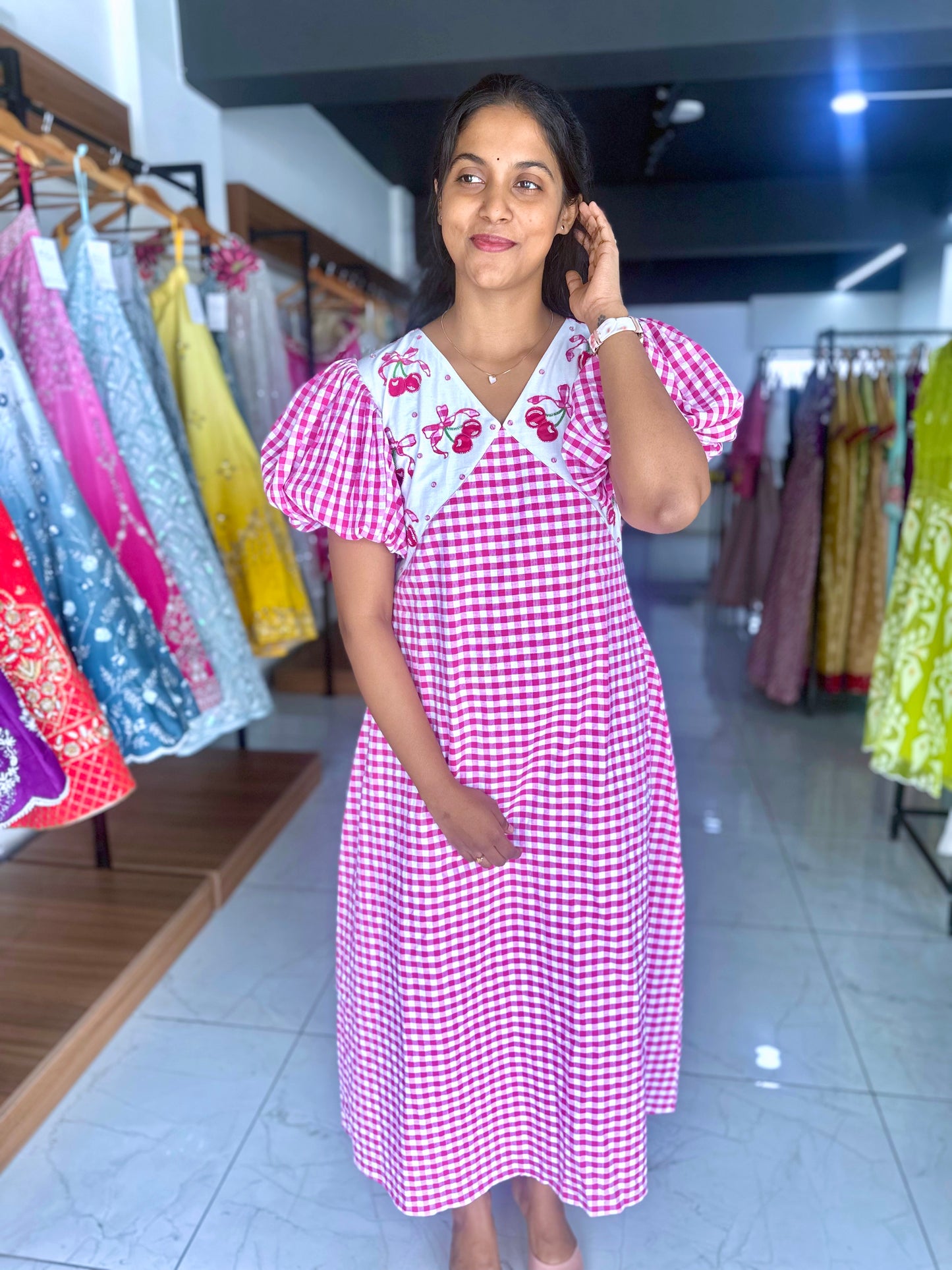 Red checks frock with puff sleeves
