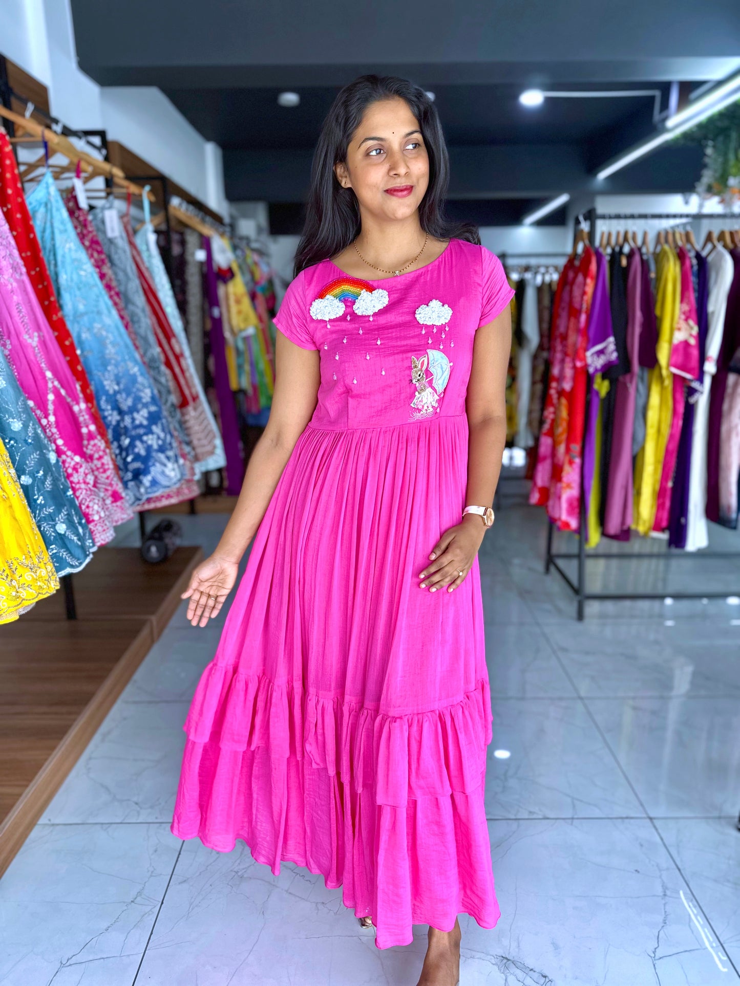 Mul mul chanderi  frock with hand embroidery detailing