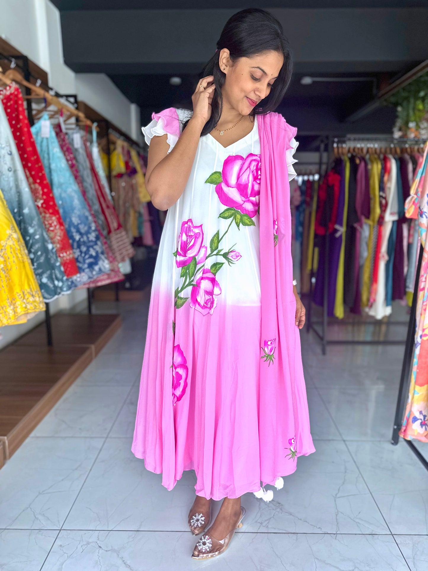 Dual shade georgette frock with dupatta and hand painted motifs