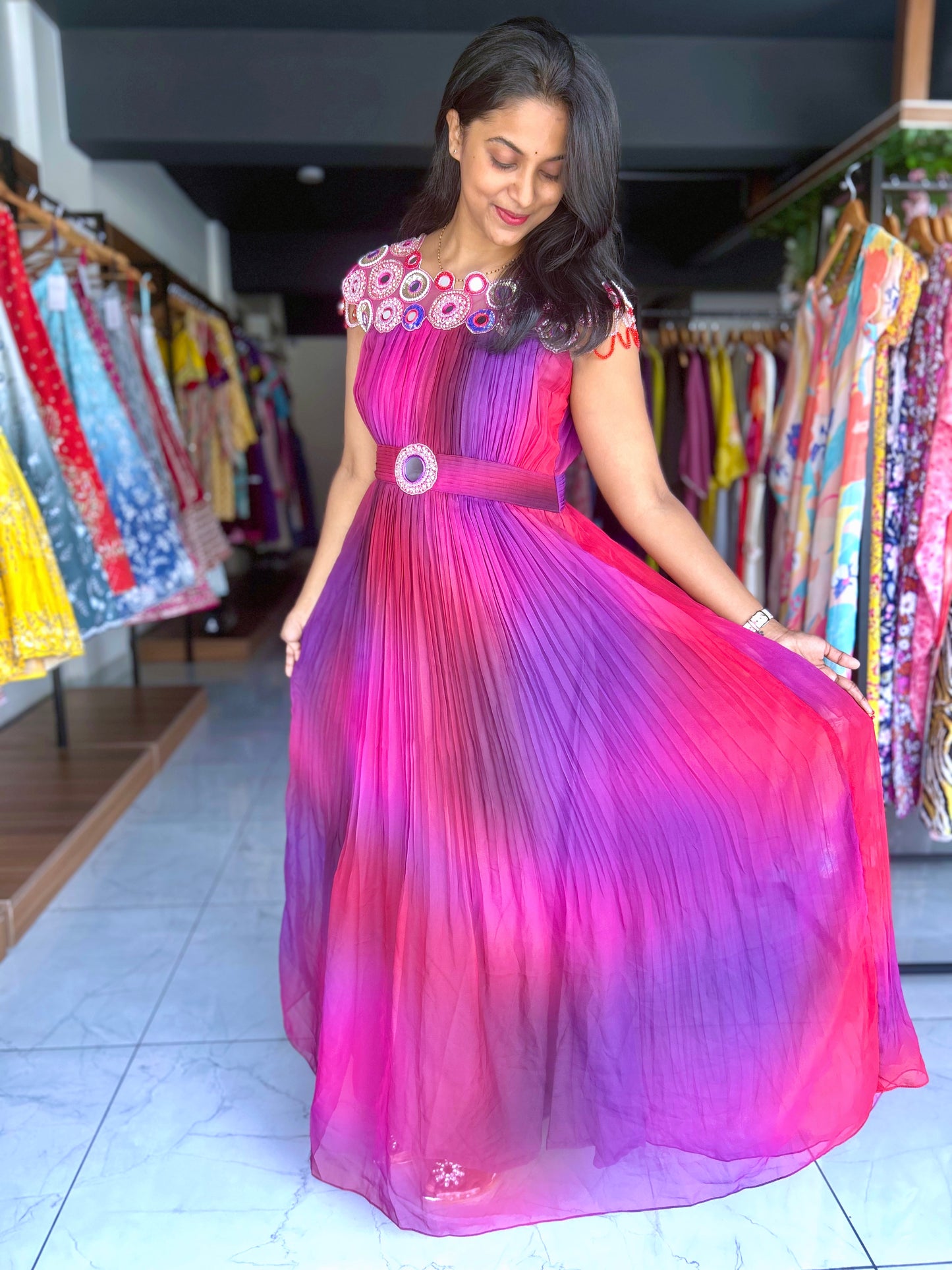 Multi colour frock with mirror work