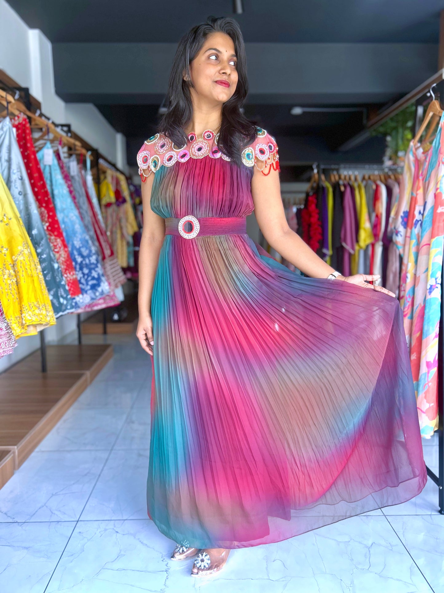Multi colour frock  with mirror work