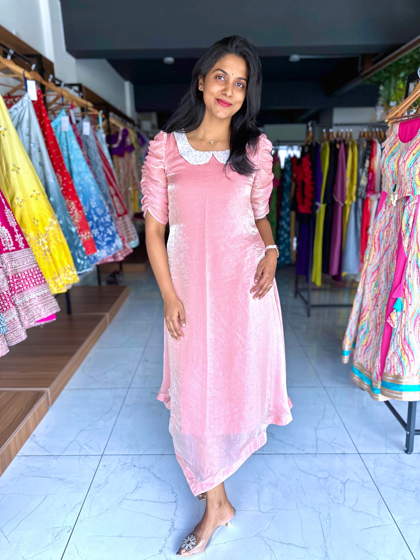 Peach glass tissue frock with hand embroidery