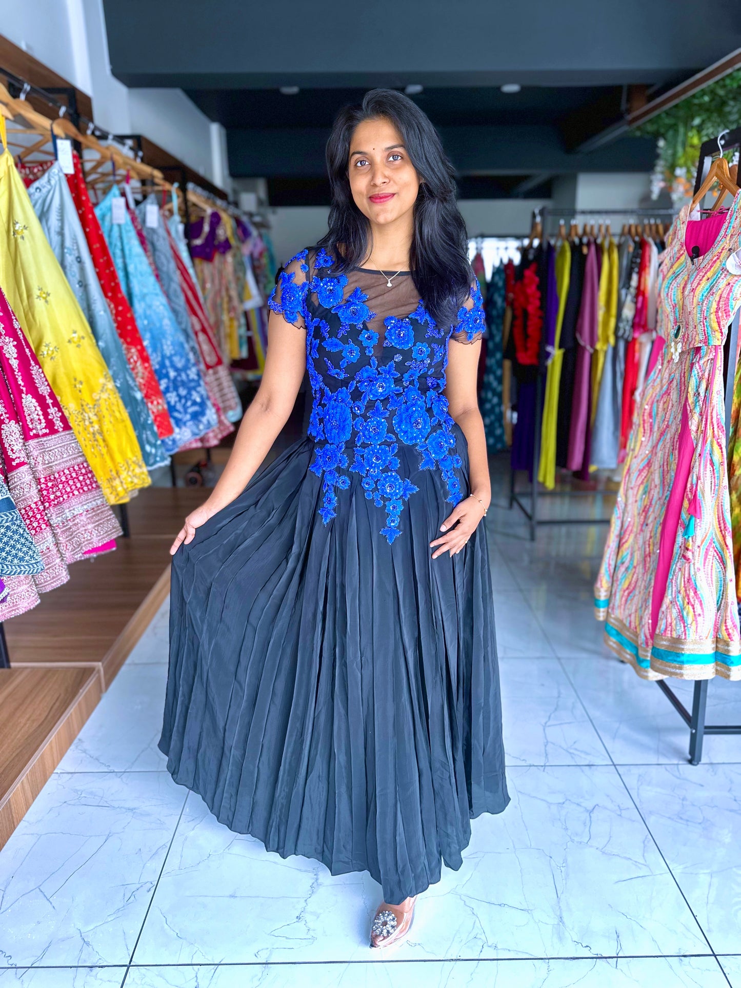 Black with blue hand embroidery cocktail frock