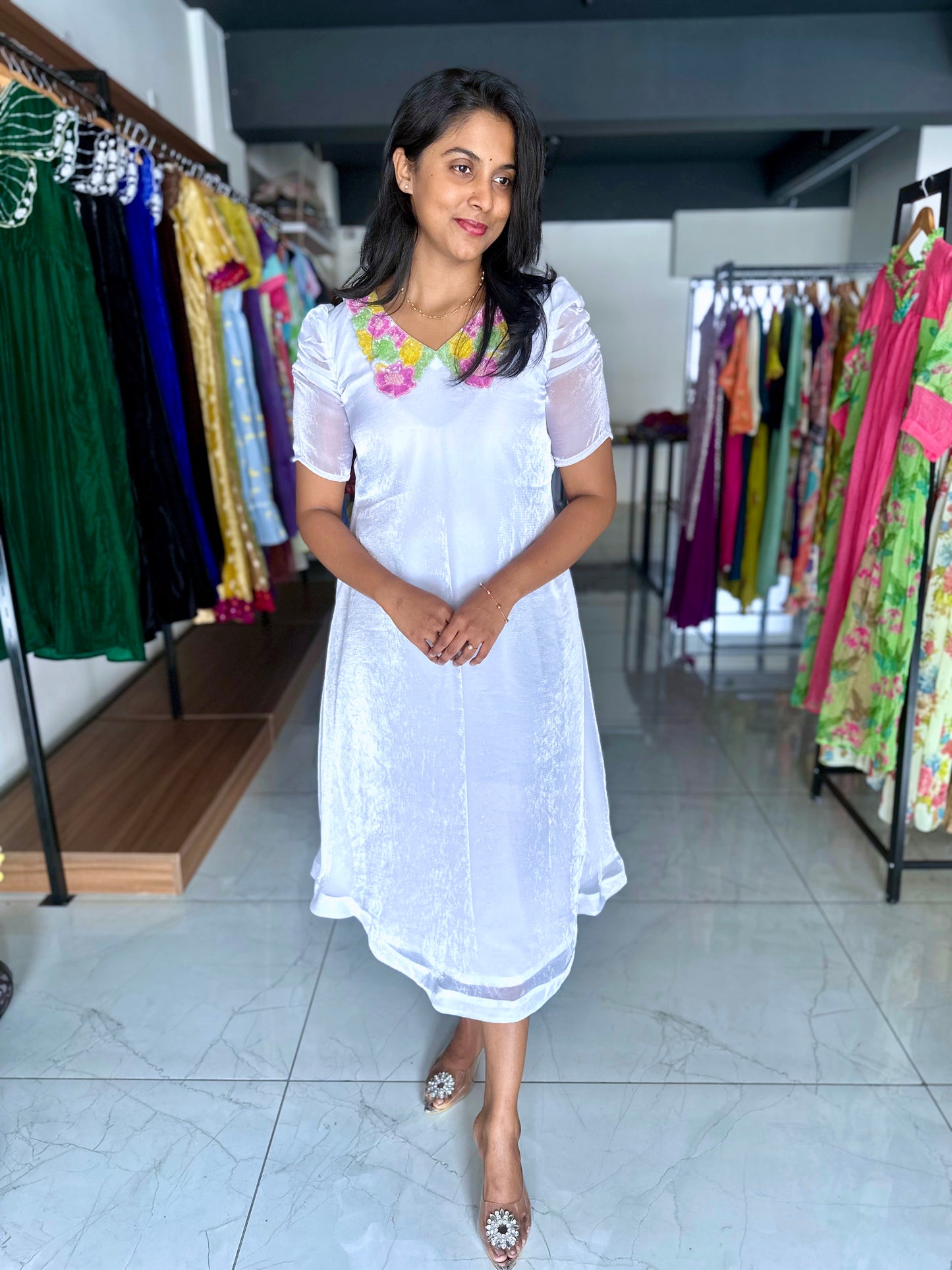 Ivory glass tissue frock with hand  embroidery
